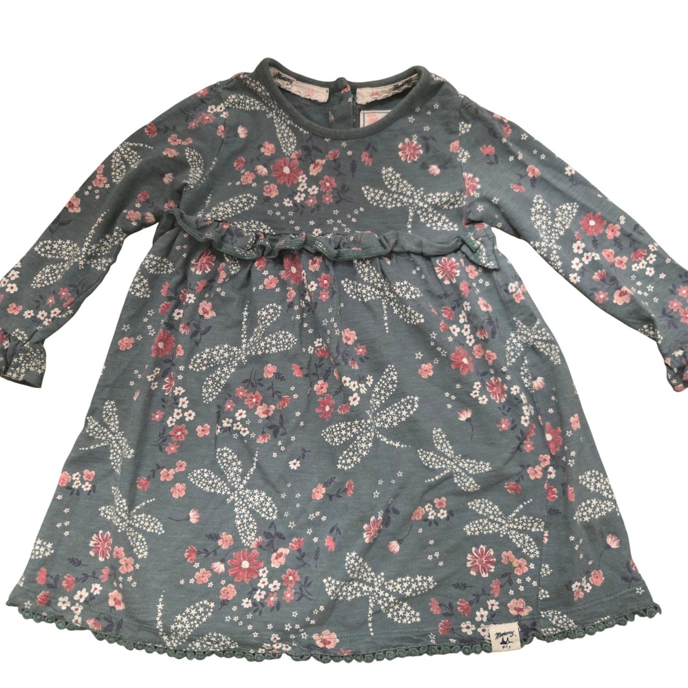 Mantaray Girls Blue‎ Dragonfly Floral Cotton Dress Long Sleeve 18-24 Months